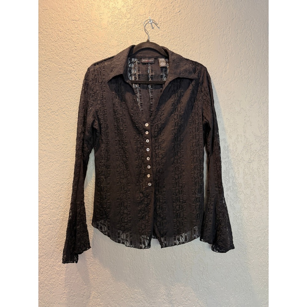 New York Company Black Lace Bell Sleeve Button Front Shirt Top Womens Size L